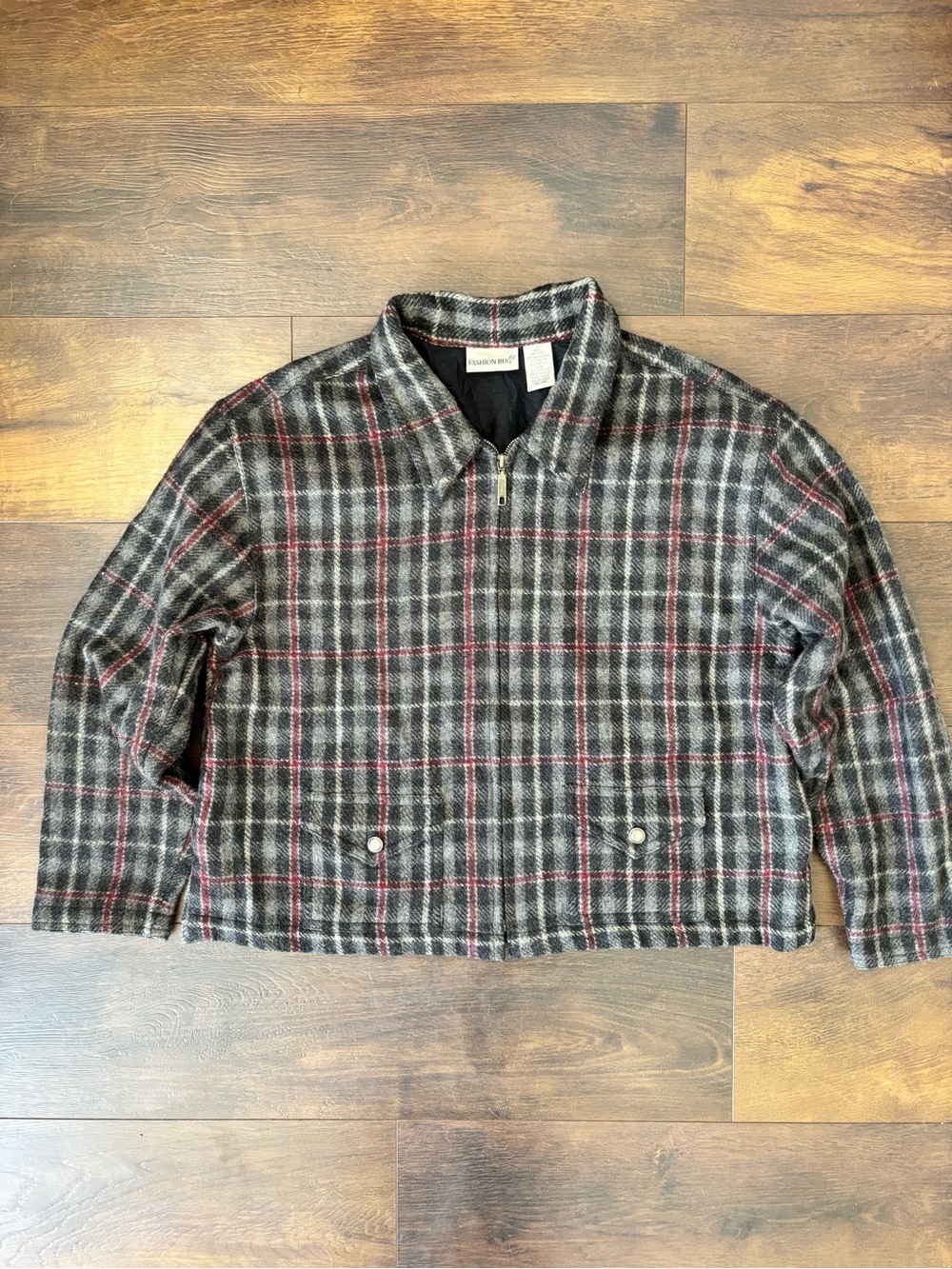 Fashion Bug Gray‎ and Black Plaid Pea Coat with Red Accents